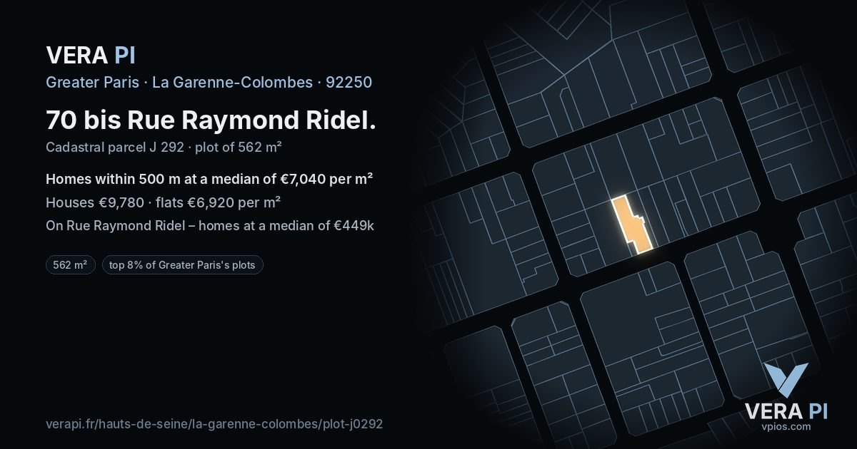 70 bis Rue Raymond Ridel, La Garenne-Colombes at night – the plot lit, the parcels around coloured by the prices near them