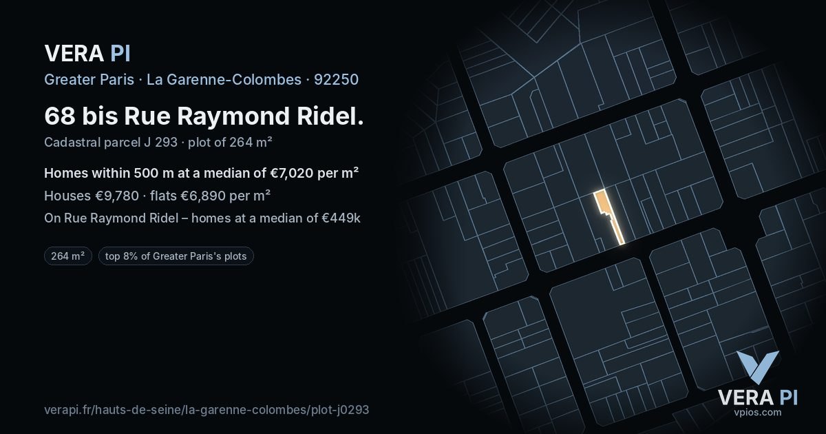 68 bis Rue Raymond Ridel, La Garenne-Colombes at night – the plot lit, the parcels around coloured by the prices near them