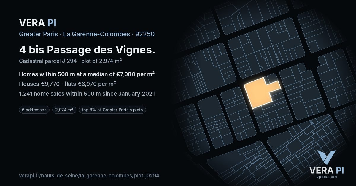 4 bis Passage des Vignes, La Garenne-Colombes at night – the plot lit, the parcels around coloured by the prices near them