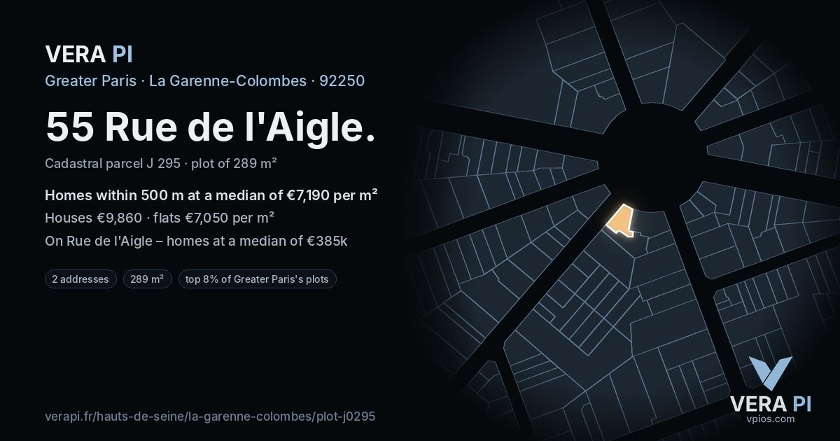 55 Rue de l'Aigle, La Garenne-Colombes at night – the plot lit, the parcels around coloured by the prices near them