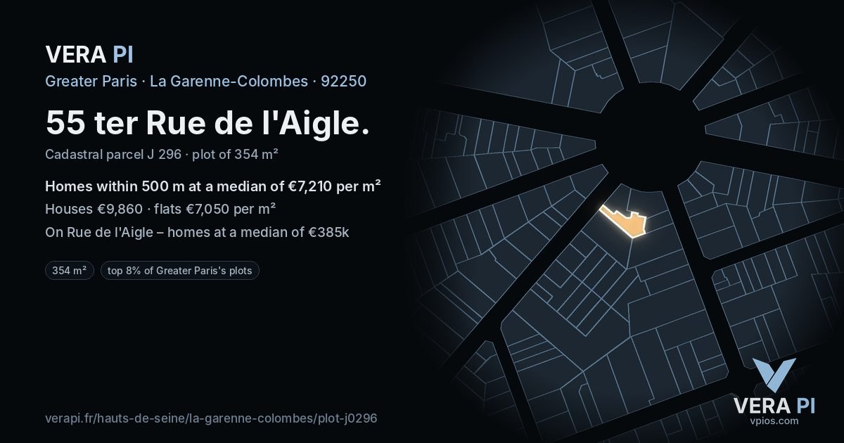 55 ter Rue de l'Aigle, La Garenne-Colombes at night – the plot lit, the parcels around coloured by the prices near them