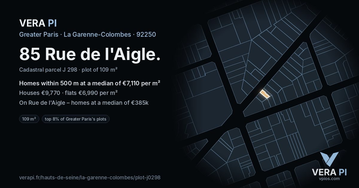 85 Rue de l'Aigle, La Garenne-Colombes at night – the plot lit, the parcels around coloured by the prices near them
