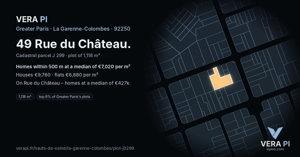 49 Rue du Château, La Garenne-Colombes at night – the plot lit, the parcels around coloured by the prices near them