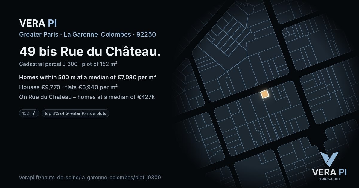 49 bis Rue du Château, La Garenne-Colombes at night – the plot lit, the parcels around coloured by the prices near them