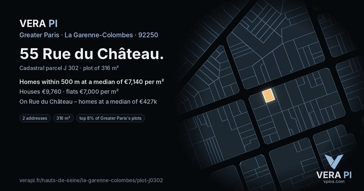 55 Rue du Château, La Garenne-Colombes at night – the plot lit, the parcels around coloured by the prices near them
