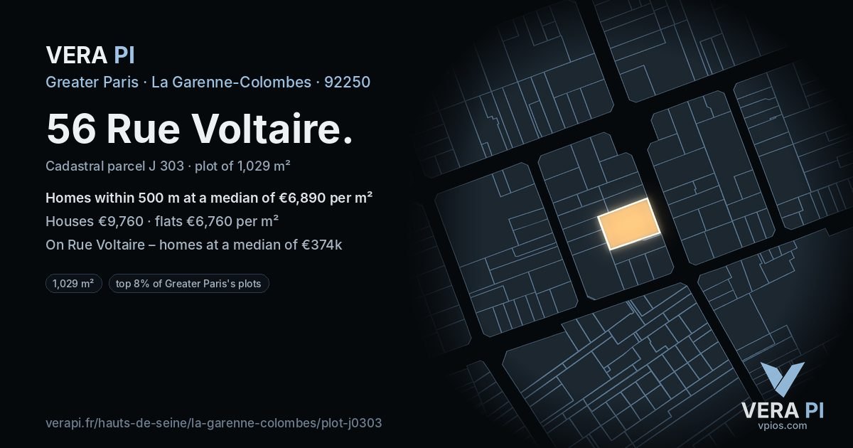 56 Rue Voltaire, La Garenne-Colombes at night – the plot lit, the parcels around coloured by the prices near them