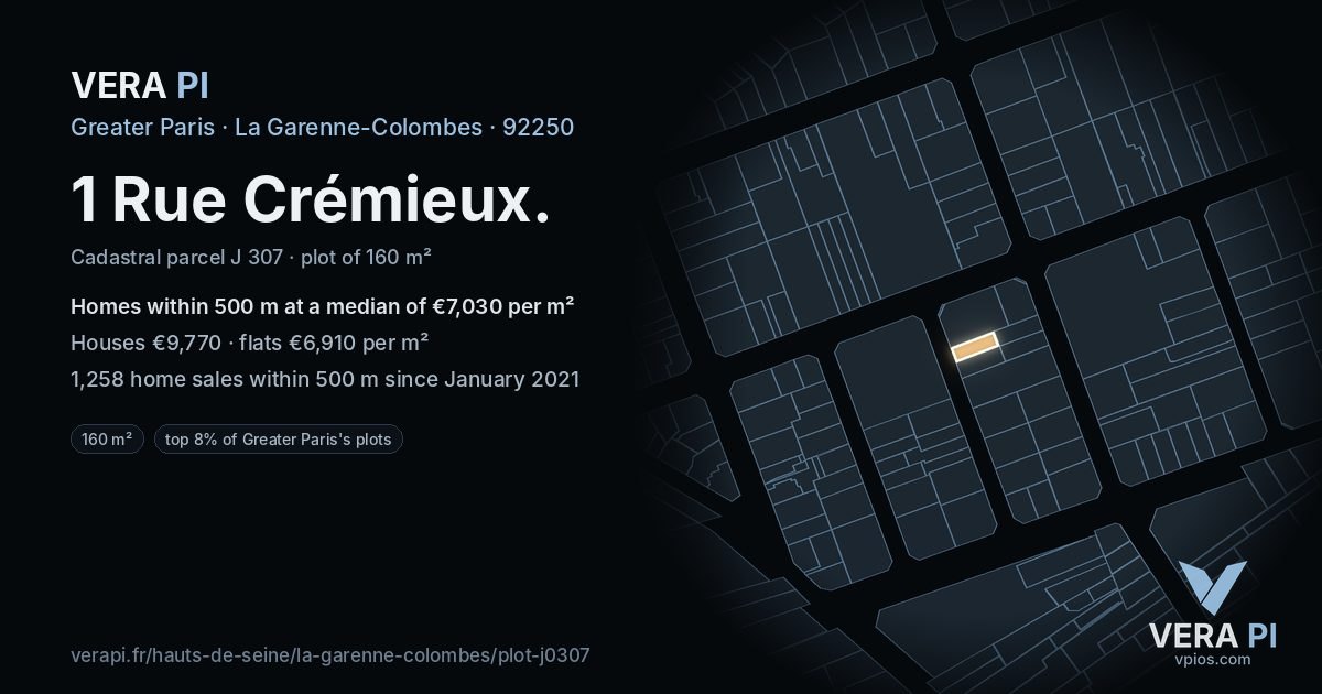 1 Rue Crémieux, La Garenne-Colombes at night – the plot lit, the parcels around coloured by the prices near them