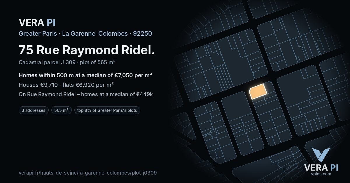 75 Rue Raymond Ridel, La Garenne-Colombes at night – the plot lit, the parcels around coloured by the prices near them