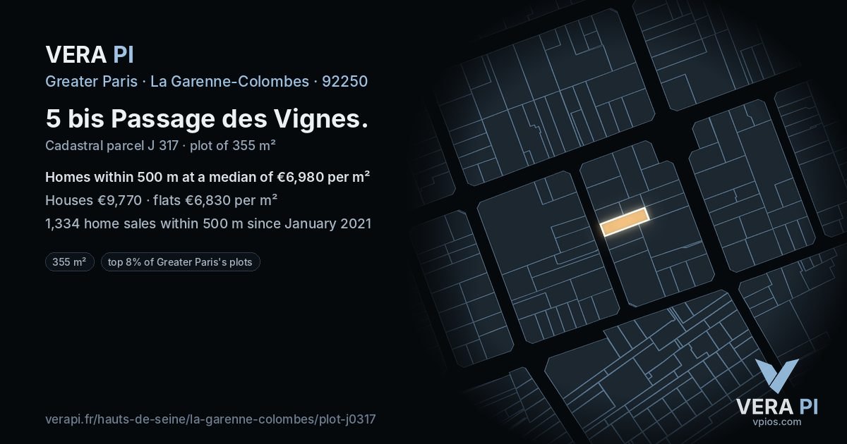 5 bis Passage des Vignes, La Garenne-Colombes at night – the plot lit, the parcels around coloured by the prices near them