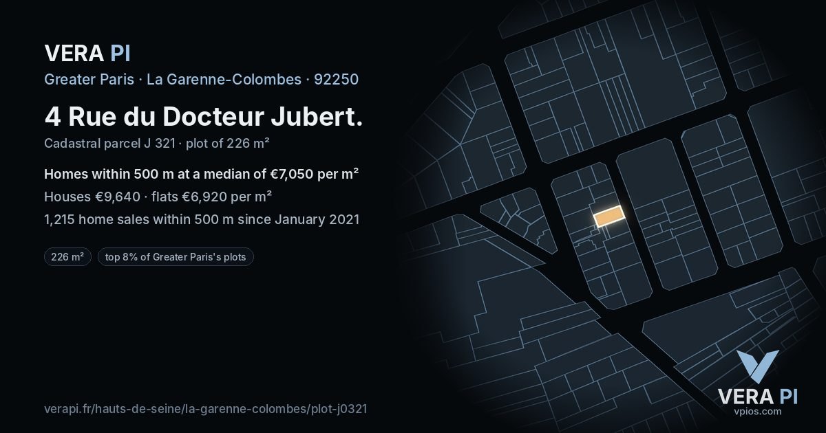 4 Rue du Docteur Jubert, La Garenne-Colombes at night – the plot lit, the parcels around coloured by the prices near them