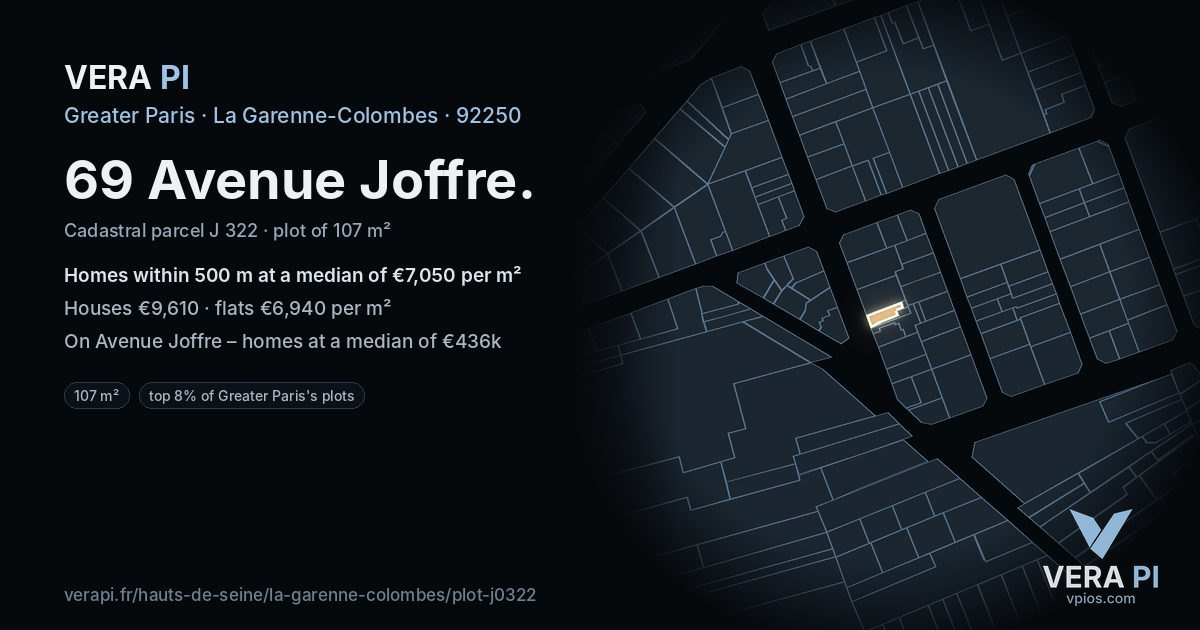 69 Avenue Joffre, La Garenne-Colombes at night – the plot lit, the parcels around coloured by the prices near them