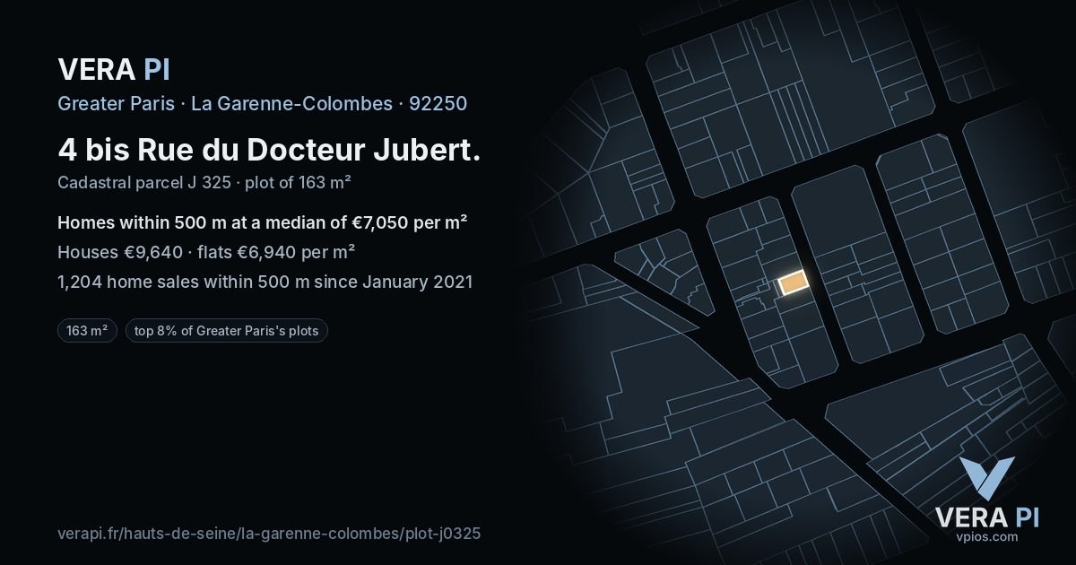 4 bis Rue du Docteur Jubert, La Garenne-Colombes at night – the plot lit, the parcels around coloured by the prices near them