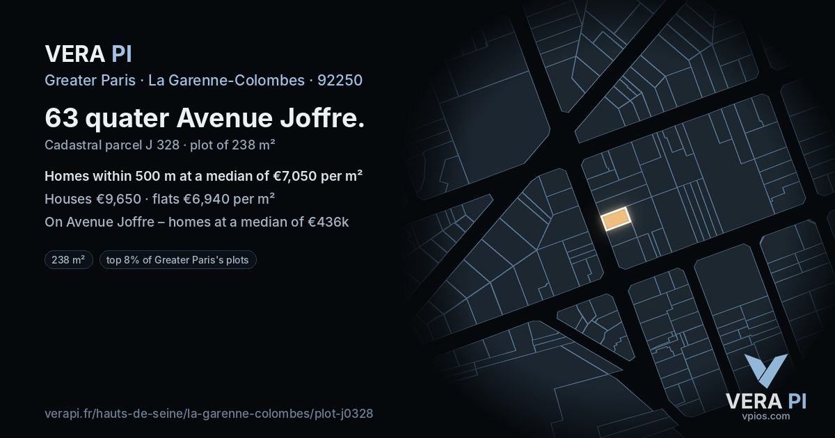63 quater Avenue Joffre, La Garenne-Colombes at night – the plot lit, the parcels around coloured by the prices near them