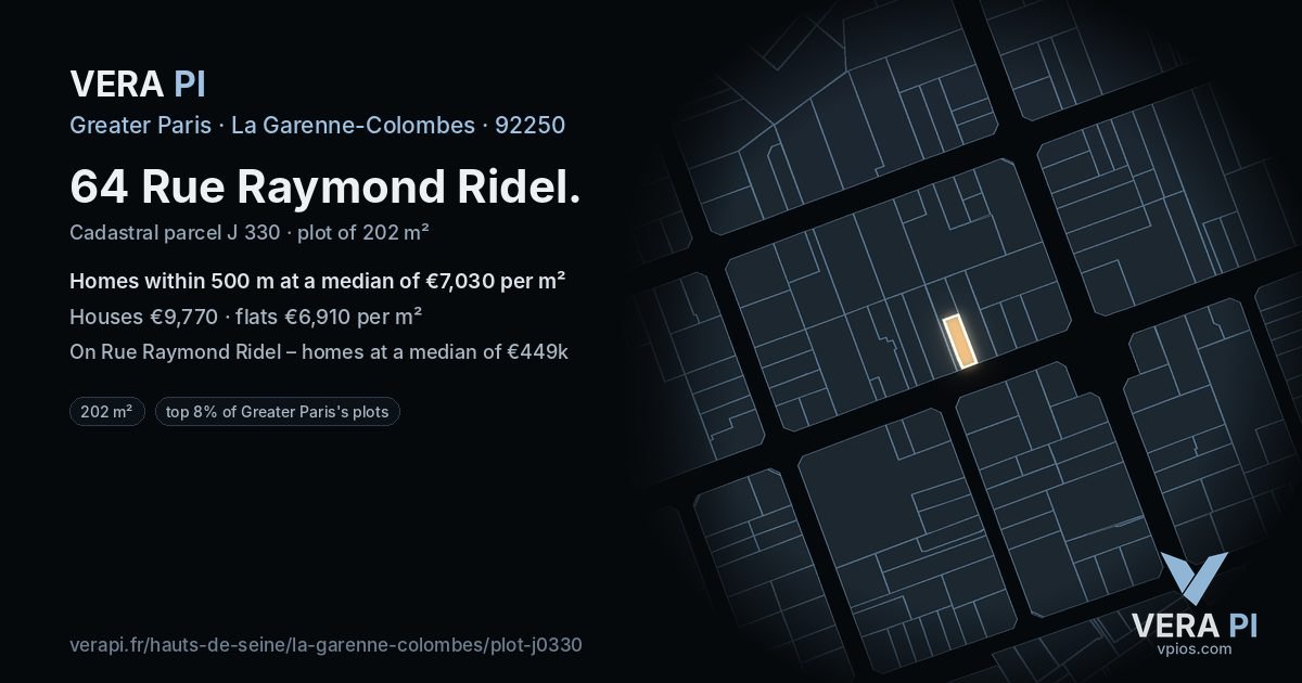 64 Rue Raymond Ridel, La Garenne-Colombes at night – the plot lit, the parcels around coloured by the prices near them
