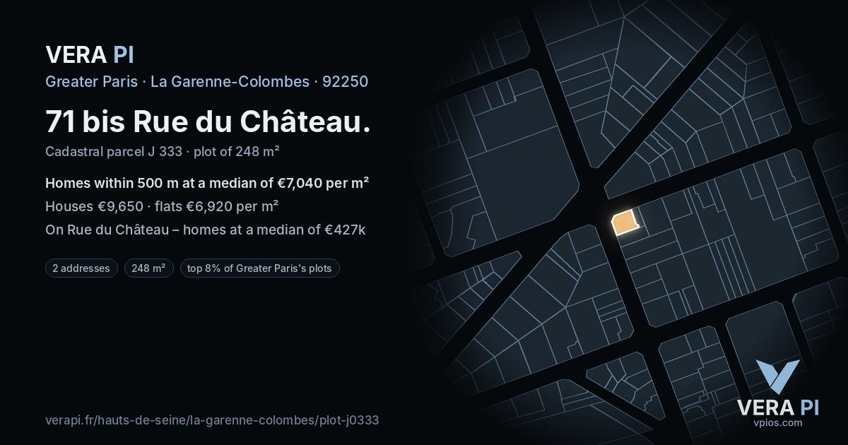 71 bis Rue du Château, La Garenne-Colombes at night – the plot lit, the parcels around coloured by the prices near them