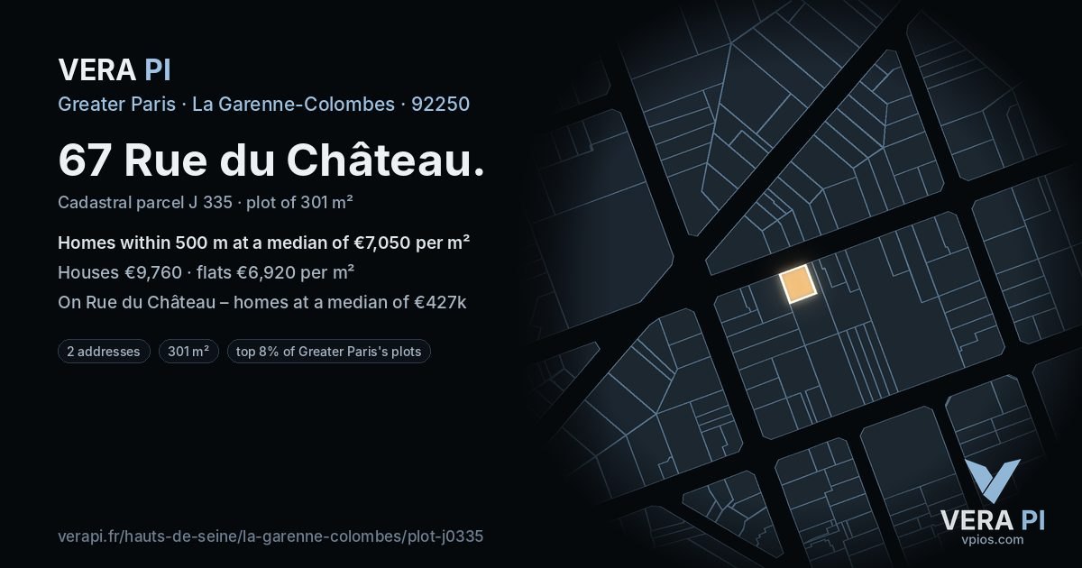 67 Rue du Château, La Garenne-Colombes at night – the plot lit, the parcels around coloured by the prices near them
