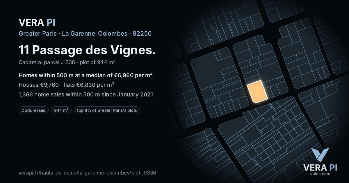 11 Passage des Vignes, La Garenne-Colombes at night – the plot lit, the parcels around coloured by the prices near them