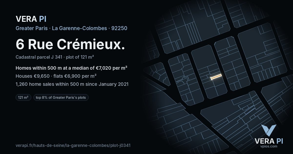 6 Rue Crémieux, La Garenne-Colombes at night – the plot lit, the parcels around coloured by the prices near them