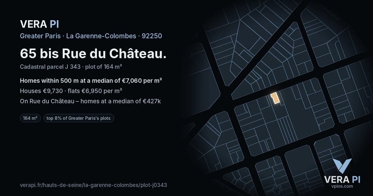 65 bis Rue du Château, La Garenne-Colombes at night – the plot lit, the parcels around coloured by the prices near them