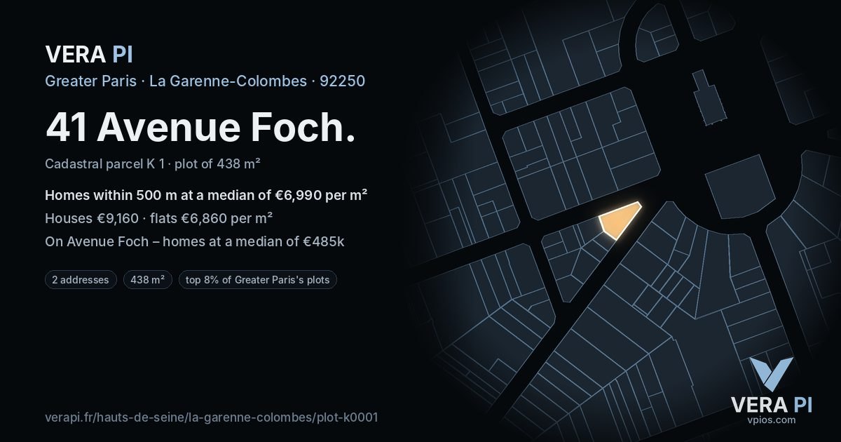 41 Avenue Foch, La Garenne-Colombes at night – the plot lit, the parcels around coloured by the prices near them