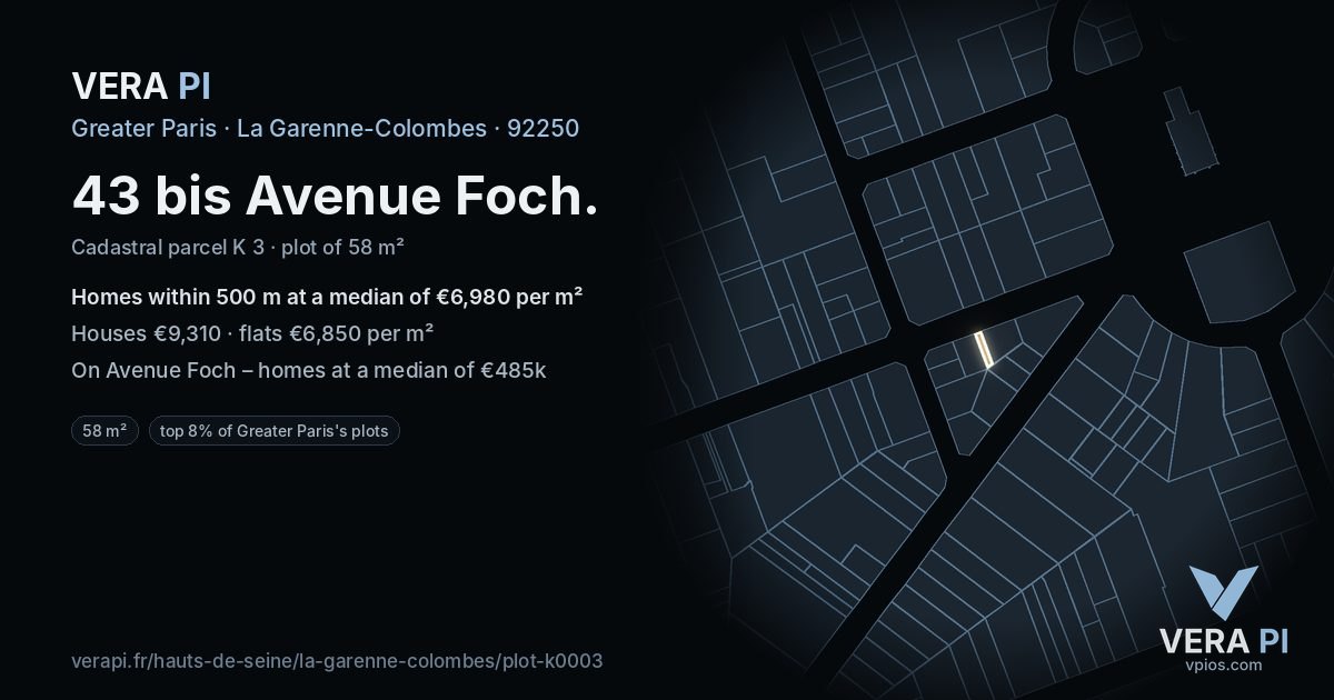 43 bis Avenue Foch, La Garenne-Colombes at night – the plot lit, the parcels around coloured by the prices near them