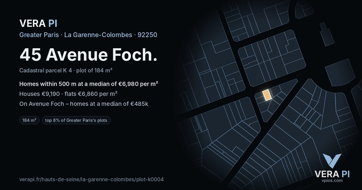45 Avenue Foch, La Garenne-Colombes at night – the plot lit, the parcels around coloured by the prices near them