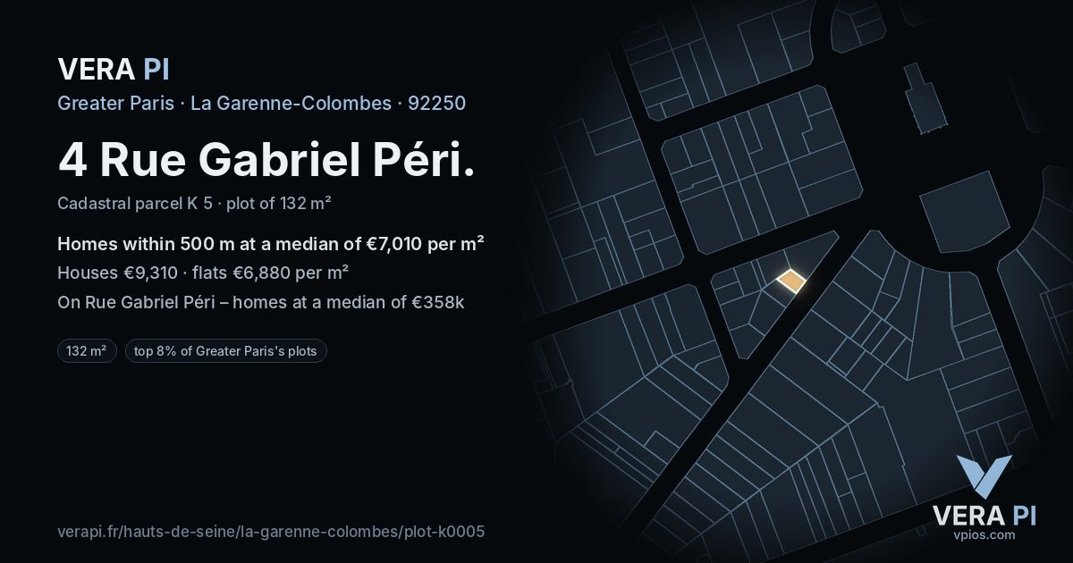 4 Rue Gabriel Péri, La Garenne-Colombes at night – the plot lit, the parcels around coloured by the prices near them
