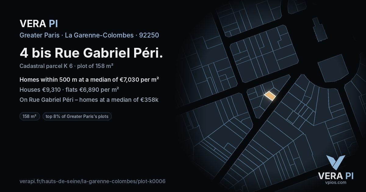 4 bis Rue Gabriel Péri, La Garenne-Colombes at night – the plot lit, the parcels around coloured by the prices near them
