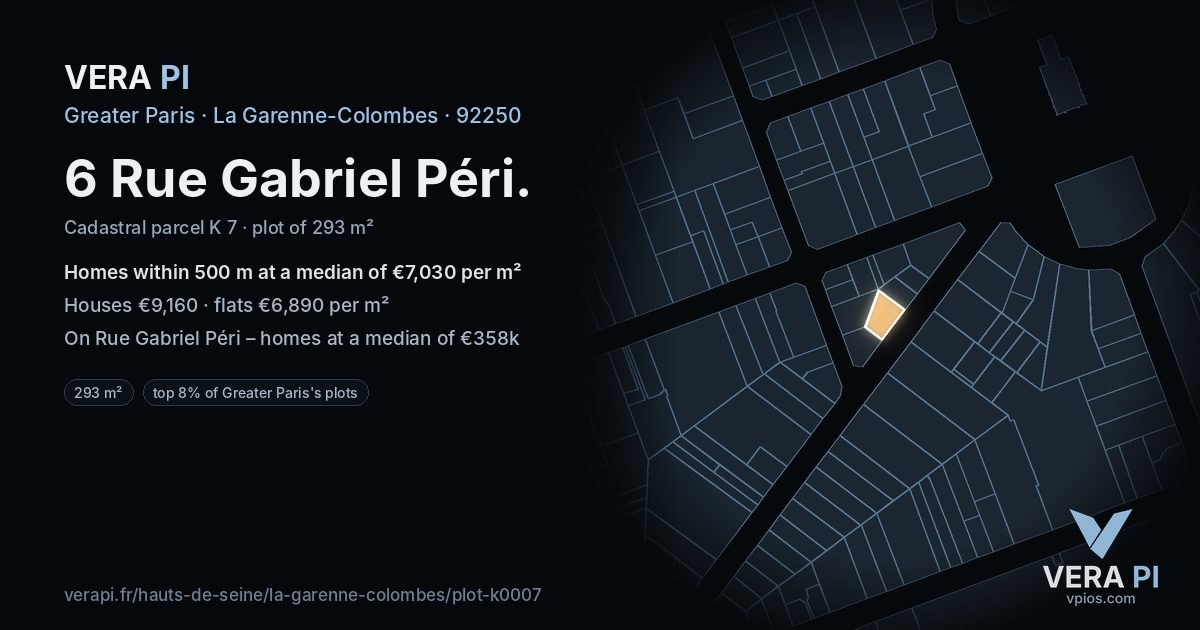 6 Rue Gabriel Péri, La Garenne-Colombes at night – the plot lit, the parcels around coloured by the prices near them