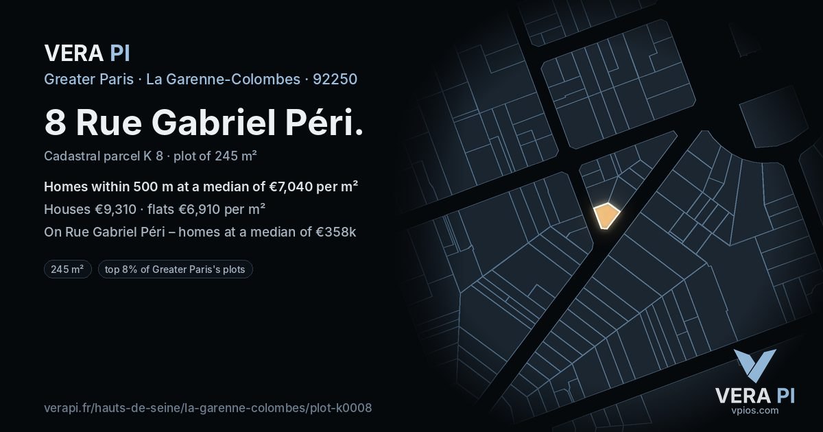 8 Rue Gabriel Péri, La Garenne-Colombes at night – the plot lit, the parcels around coloured by the prices near them
