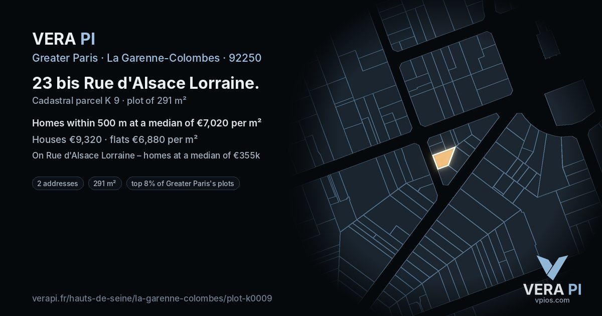 23 bis Rue d'Alsace Lorraine, La Garenne-Colombes at night – the plot lit, the parcels around coloured by the prices near them