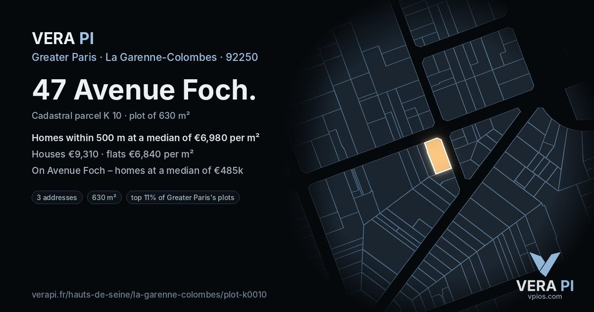 47 Avenue Foch, La Garenne-Colombes at night – the plot lit, the parcels around coloured by the prices near them