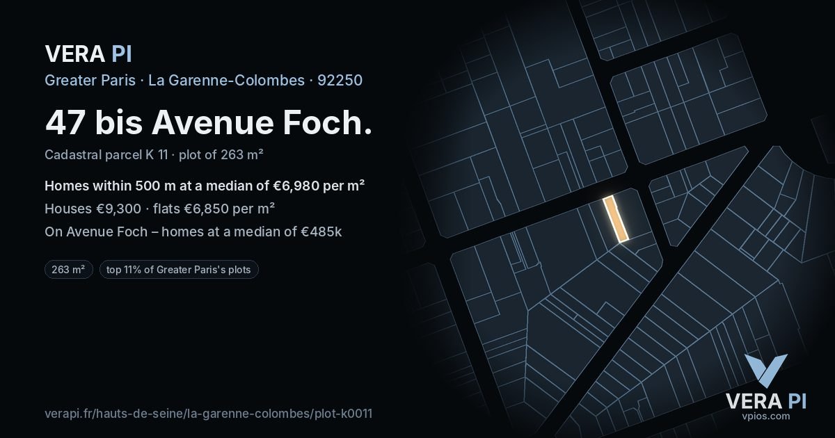 47 bis Avenue Foch, La Garenne-Colombes at night – the plot lit, the parcels around coloured by the prices near them