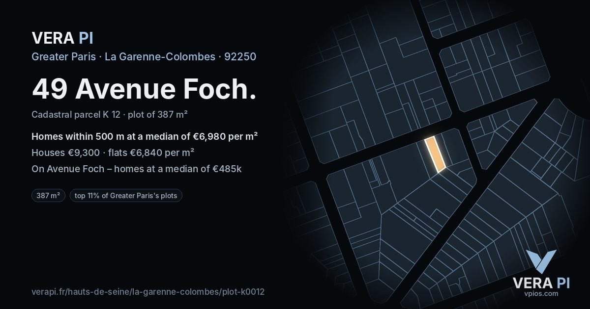 49 Avenue Foch, La Garenne-Colombes at night – the plot lit, the parcels around coloured by the prices near them
