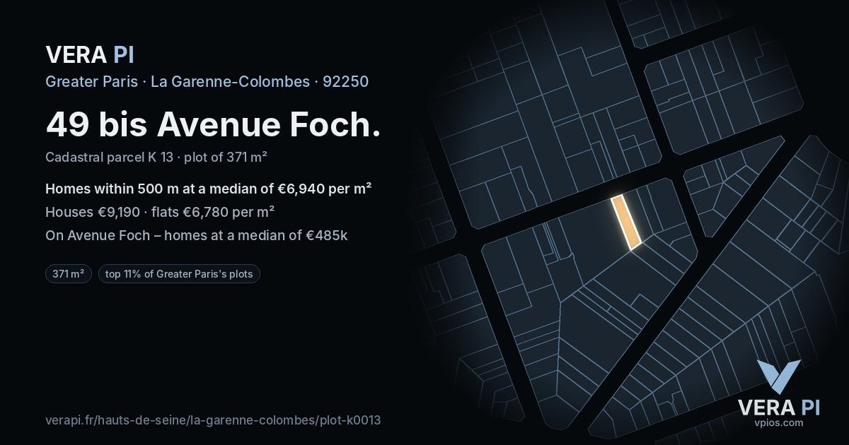 49 bis Avenue Foch, La Garenne-Colombes at night – the plot lit, the parcels around coloured by the prices near them