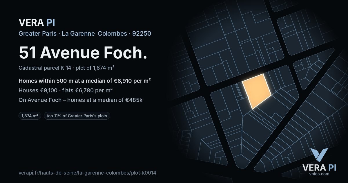51 Avenue Foch, La Garenne-Colombes at night – the plot lit, the parcels around coloured by the prices near them