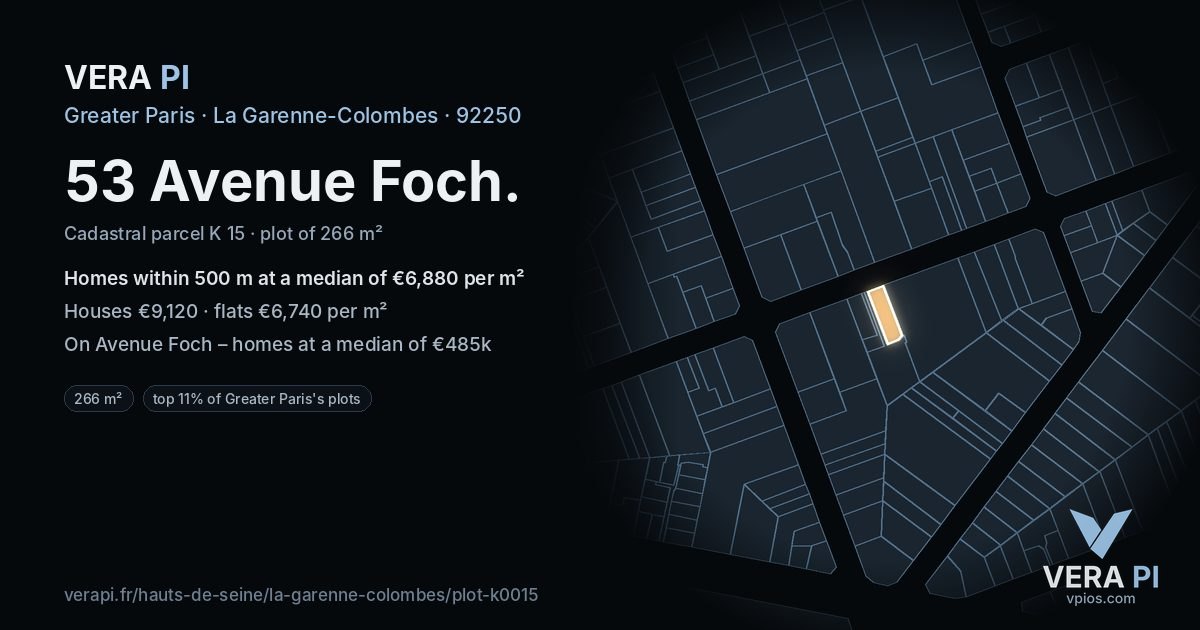 53 Avenue Foch, La Garenne-Colombes at night – the plot lit, the parcels around coloured by the prices near them