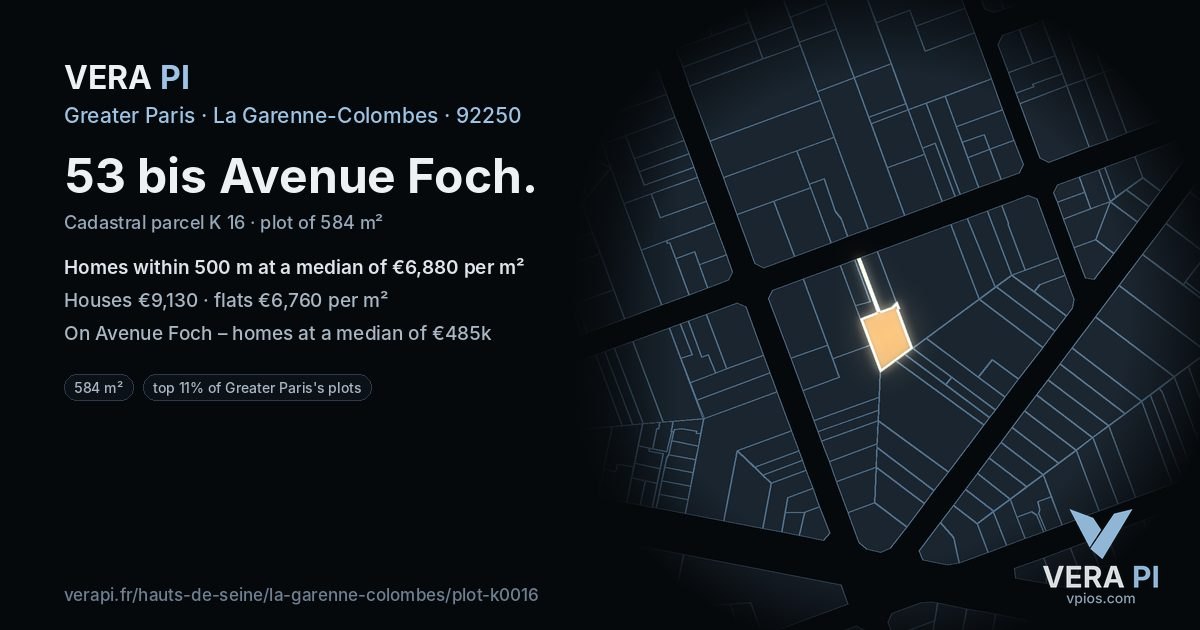 53 bis Avenue Foch, La Garenne-Colombes at night – the plot lit, the parcels around coloured by the prices near them