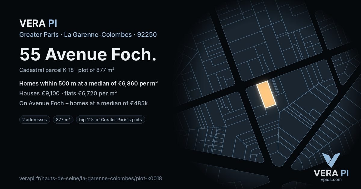 55 Avenue Foch, La Garenne-Colombes at night – the plot lit, the parcels around coloured by the prices near them