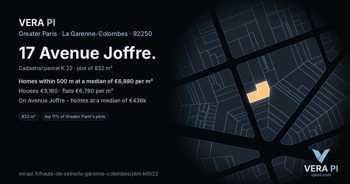 17 Avenue Joffre, La Garenne-Colombes at night – the plot lit, the parcels around coloured by the prices near them