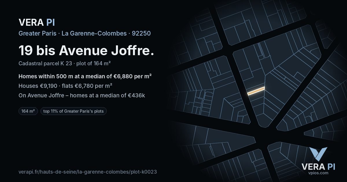 19 bis Avenue Joffre, La Garenne-Colombes at night – the plot lit, the parcels around coloured by the prices near them