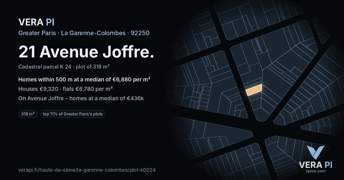 21 Avenue Joffre, La Garenne-Colombes at night – the plot lit, the parcels around coloured by the prices near them