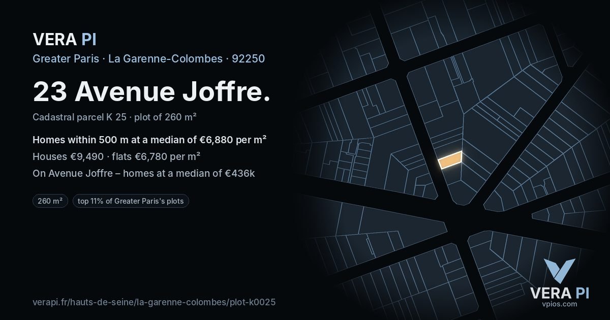 23 Avenue Joffre, La Garenne-Colombes at night – the plot lit, the parcels around coloured by the prices near them