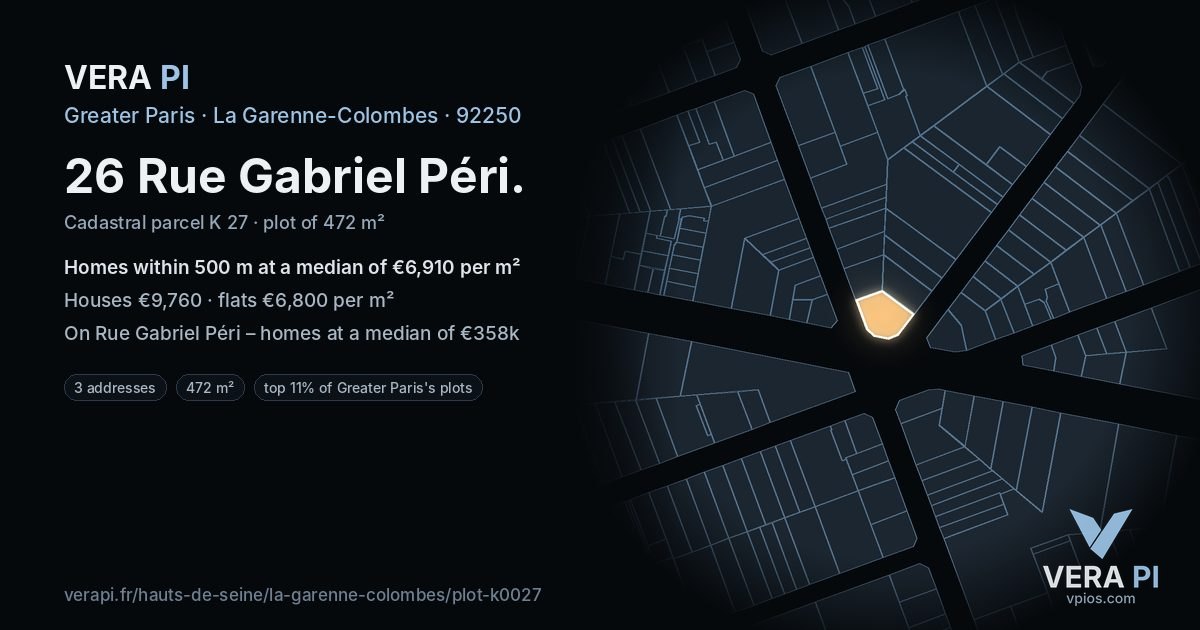 26 Rue Gabriel Péri, La Garenne-Colombes at night – the plot lit, the parcels around coloured by the prices near them