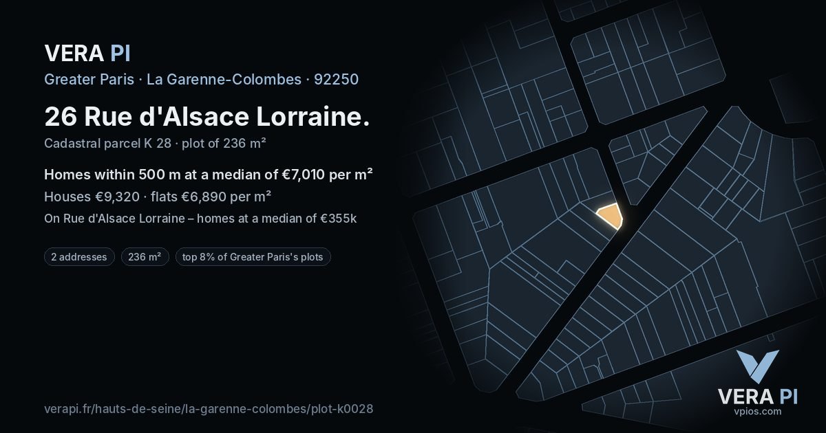 26 Rue d'Alsace Lorraine, La Garenne-Colombes at night – the plot lit, the parcels around coloured by the prices near them