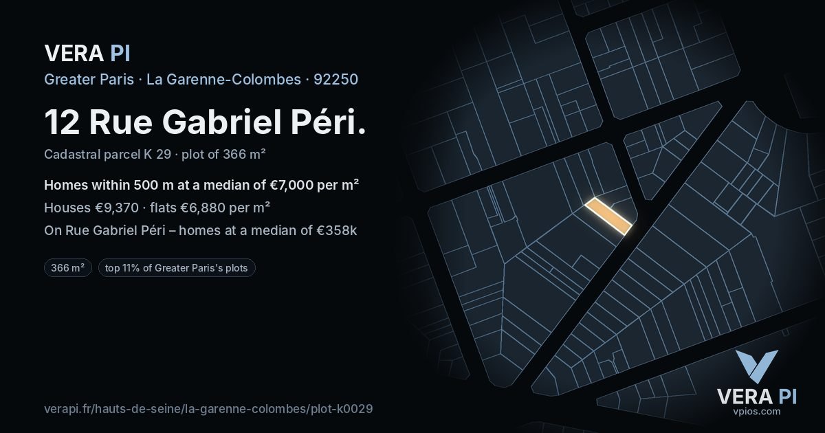 12 Rue Gabriel Péri, La Garenne-Colombes at night – the plot lit, the parcels around coloured by the prices near them