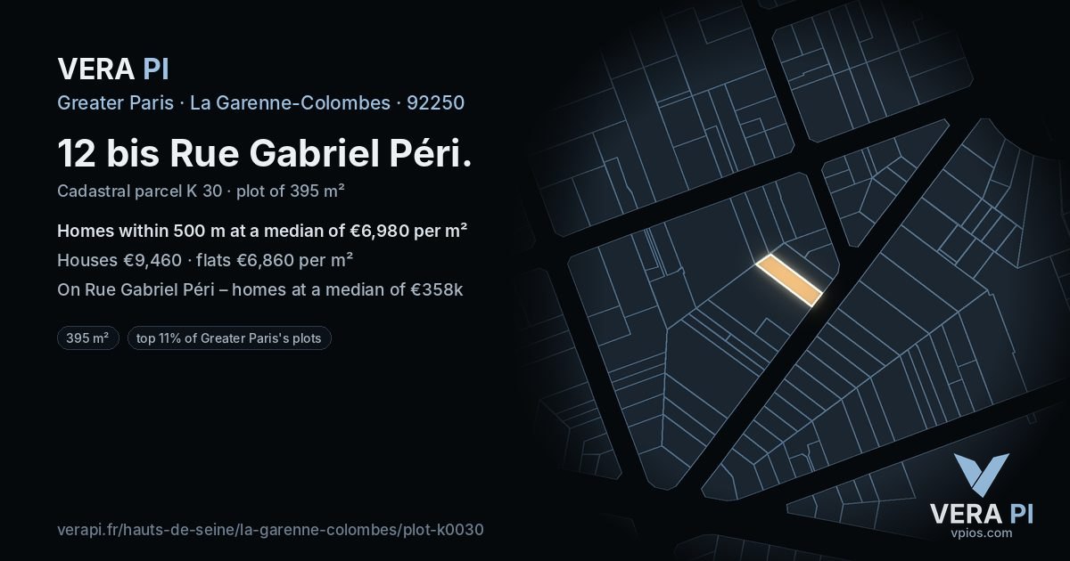 12 bis Rue Gabriel Péri, La Garenne-Colombes at night – the plot lit, the parcels around coloured by the prices near them