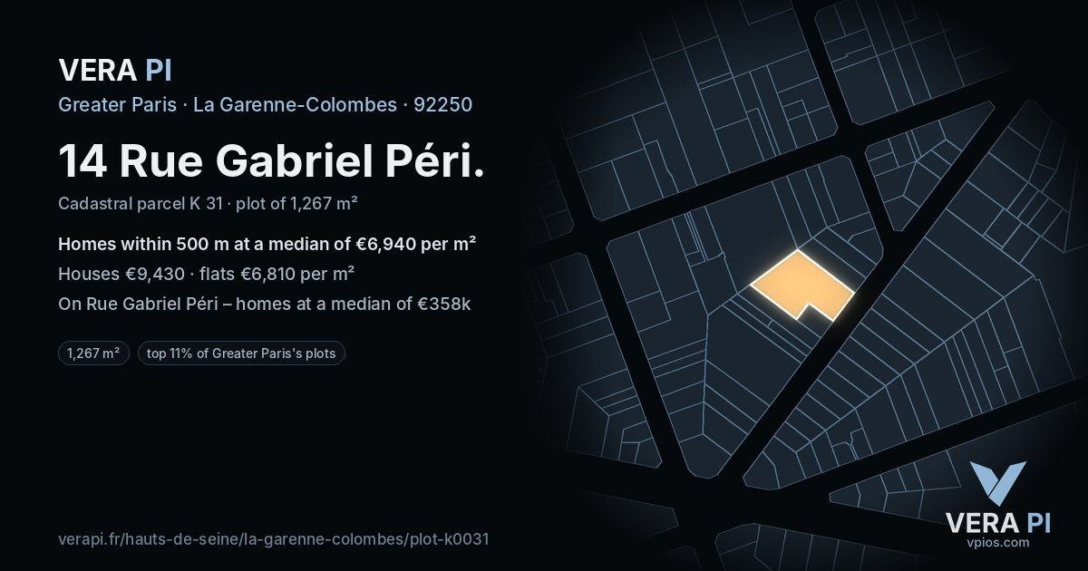 14 Rue Gabriel Péri, La Garenne-Colombes at night – the plot lit, the parcels around coloured by the prices near them