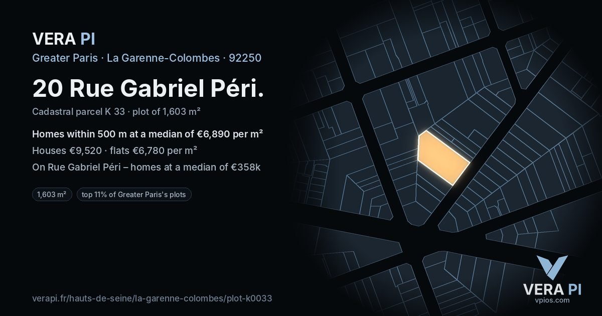 20 Rue Gabriel Péri, La Garenne-Colombes at night – the plot lit, the parcels around coloured by the prices near them