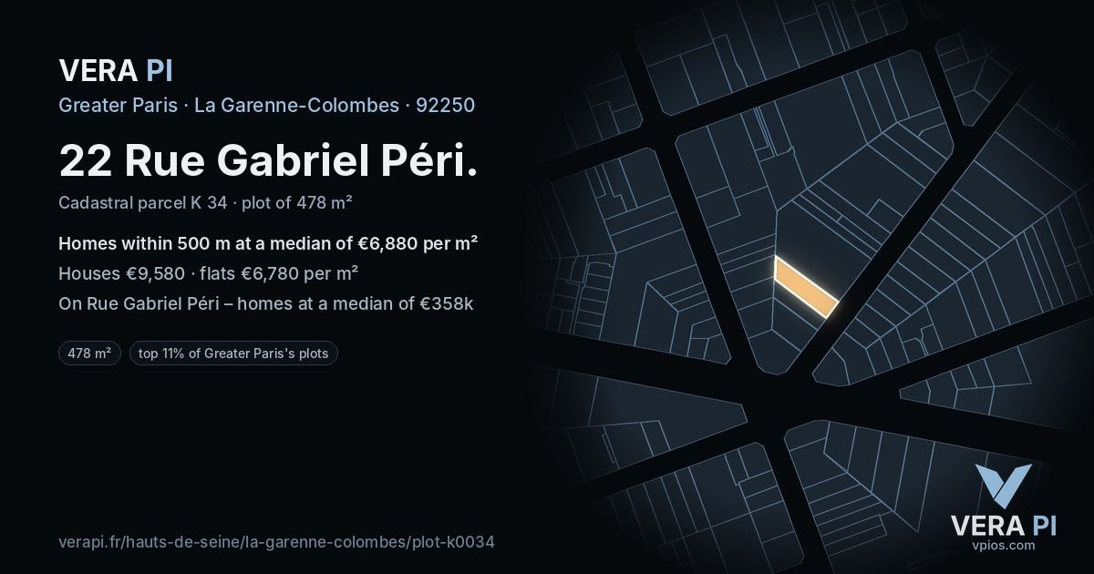 22 Rue Gabriel Péri, La Garenne-Colombes at night – the plot lit, the parcels around coloured by the prices near them